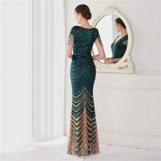 Elegant V Neck Mermaid Evening Dress Long Luxury Beads Women Evening Party Dresses 2025