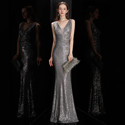 Elegant V Neck Sequin Evening Dress Long 2025 New Women Mermaid Formal Dress Party Gown Bodycon Maxi