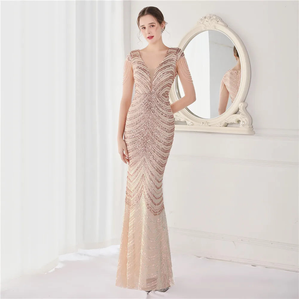 Elegant V Neck Mermaid Evening Dress Long Luxury Beads Women Evening Party Dresses 2025