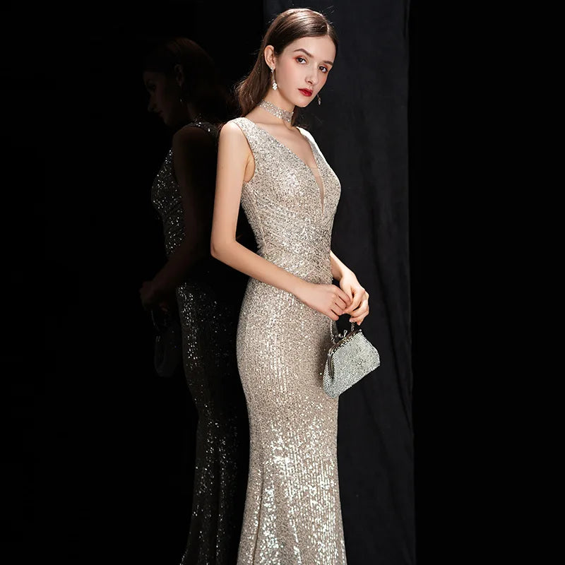 Elegant V Neck Sequin Evening Dress Long 2025 New Women Mermaid Formal Dress Party Gown Bodycon Maxi