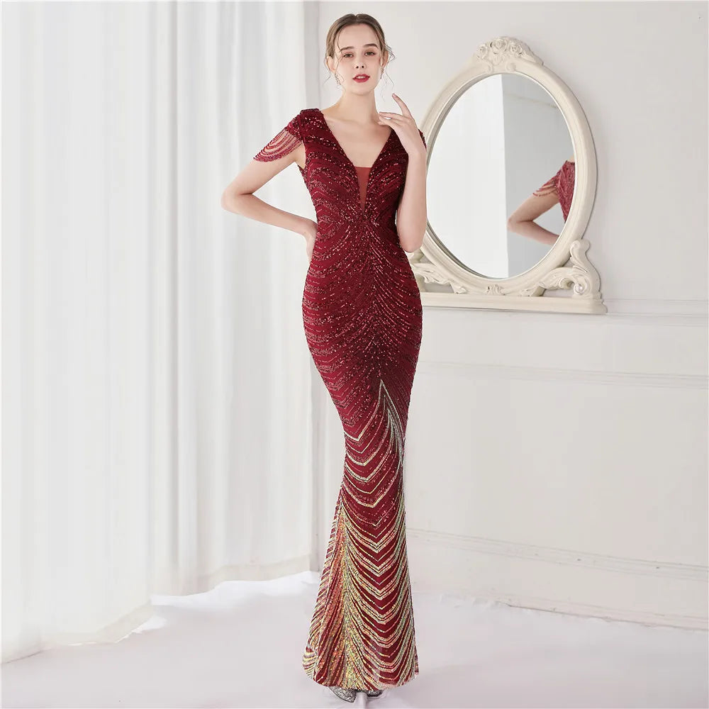Elegant V Neck Mermaid Evening Dress Long Luxury Beads Women Evening Party Dresses 2025
