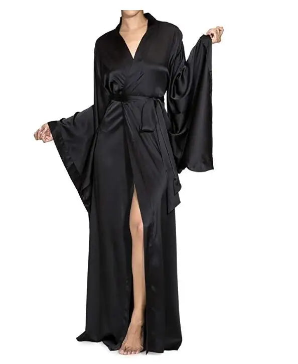 New Solid Robes Women  Long Sleeve Nightgown Ladies Girls Silk Satin Smooth Spring Lace Sleepwear Female
