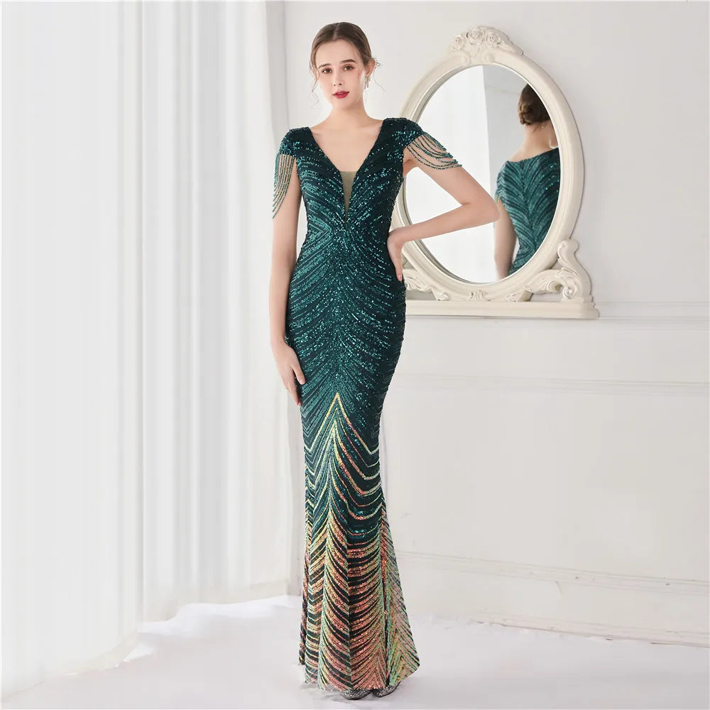 Elegant V Neck Mermaid Evening Dress Long Luxury Beads Women Evening Party Dresses 2025