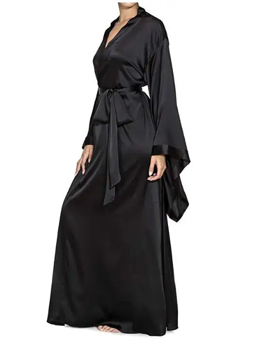 New Solid Robes Women  Long Sleeve Nightgown Ladies Girls Silk Satin Smooth Spring Lace Sleepwear Female
