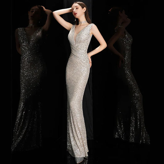 Elegant V Neck Sequin Evening Dress Long 2025 New Women Mermaid Formal Dress Party Gown Bodycon Maxi