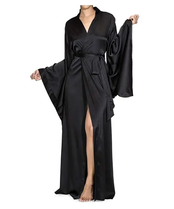 New Solid Robes Women  Long Sleeve Nightgown Ladies Girls Silk Satin Smooth Spring Lace Sleepwear Female