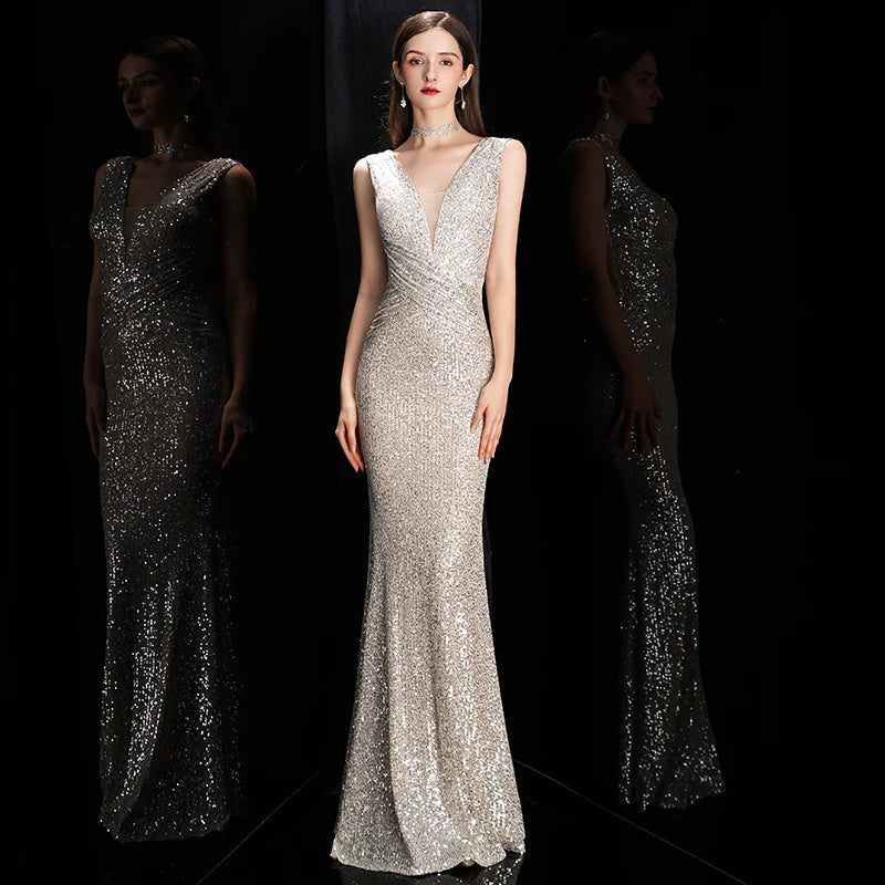 Elegant V Neck Sequin Evening Dress Long 2025 New Women Mermaid Formal Dress Party Gown Bodycon Maxi