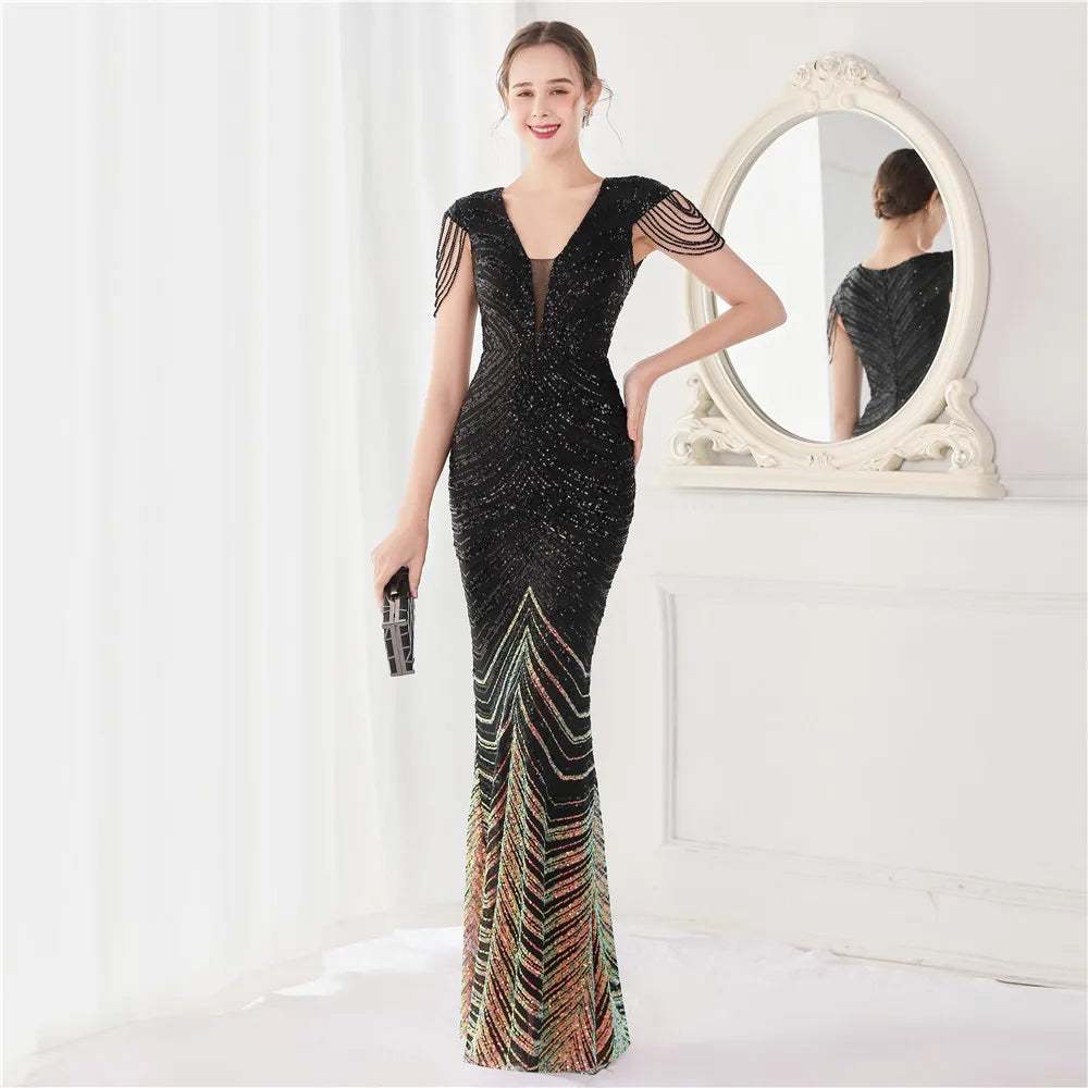 Elegant V Neck Mermaid Evening Dress Long Luxury Beads Women Evening Party Dresses 2025