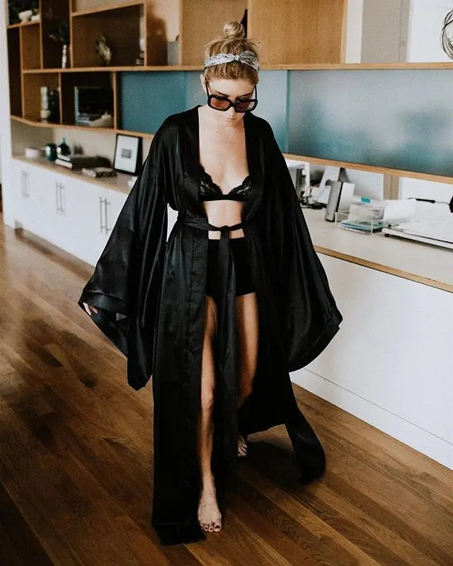 New Solid Robes Women  Long Sleeve Nightgown Ladies Girls Silk Satin Smooth Spring Lace Sleepwear Female