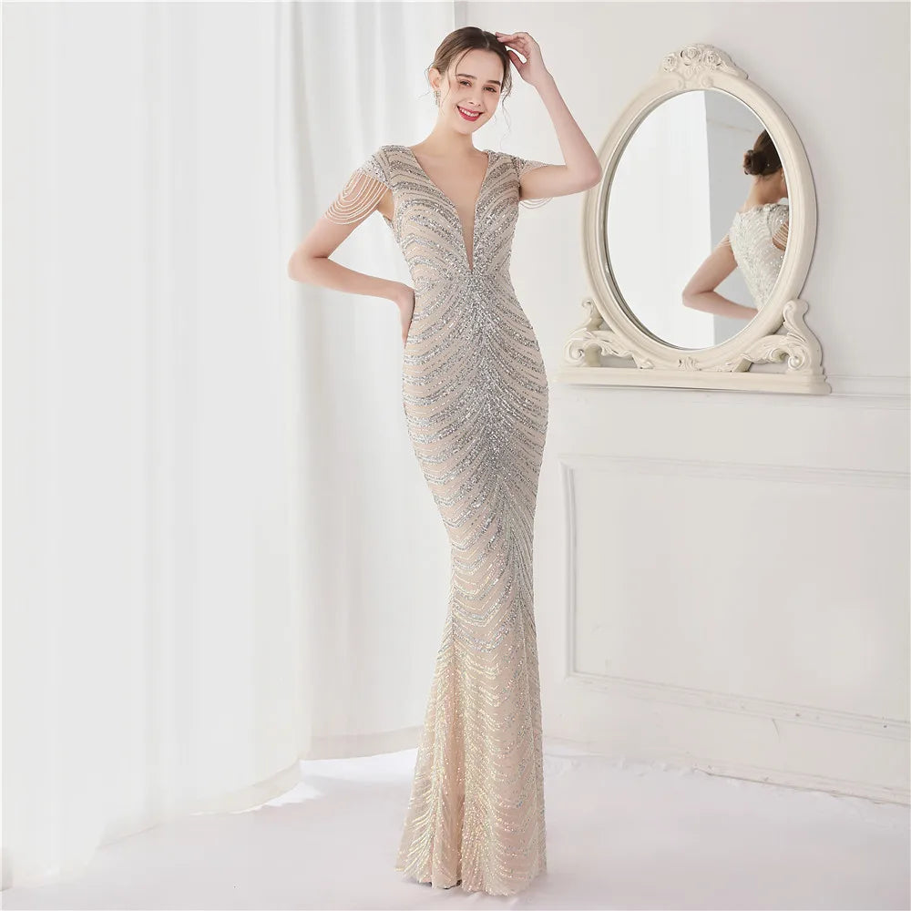 Elegant V Neck Mermaid Evening Dress Long Luxury Beads Women Evening Party Dresses 2025