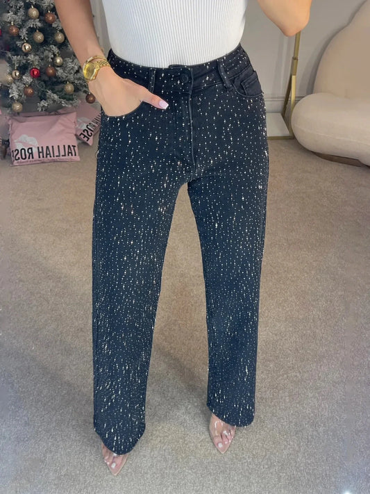 2025 Women Jeans Straight Diamonds Pants Stretch High Waist Washed Mom Jeans  Streetwear Trousers Vintage Denims Streetwear