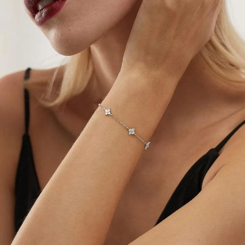 Silver Plated Cz Four-leaf Flower Bracelet for Women Girl Cute Dainty Adjustable Link Chain Bracelet Trend 18k Gold