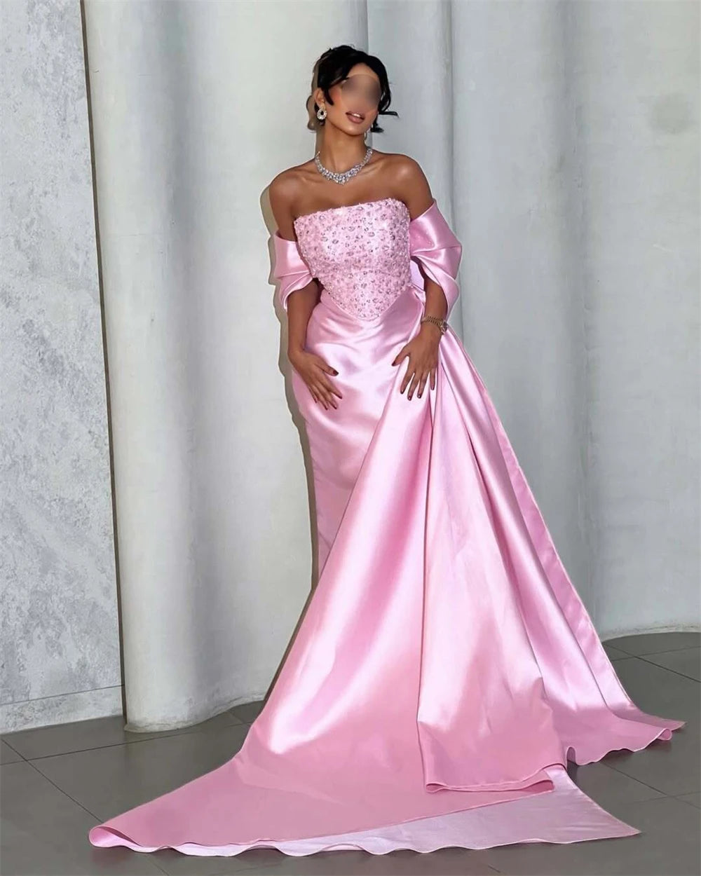 evening dress formal gown strapless satin column maxi beaded corset bodice draped train shawl romantic chic