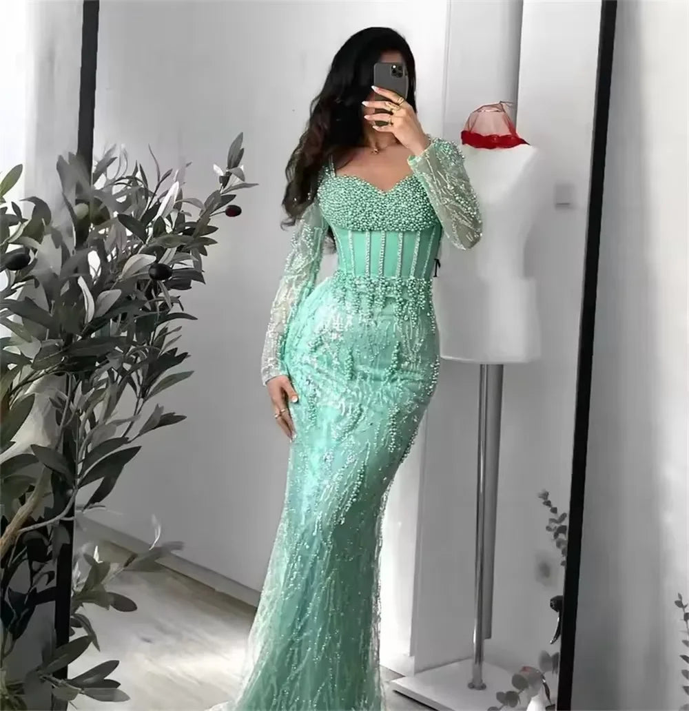 Luxury Mint Green Mermaid Evening Gown Long Sleeve Corset Heavy Beaded Pearls Dubai Prom Dress Formal Party