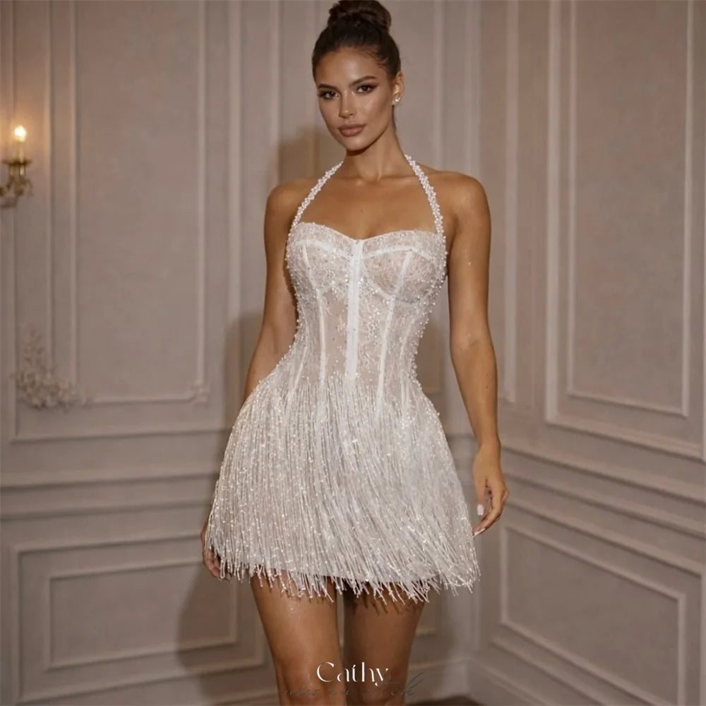 White Halter Neck Tassel Prom Dress Exquisite Pearls Mini vestidos de noche Lace-up Back Formal Evening 2026