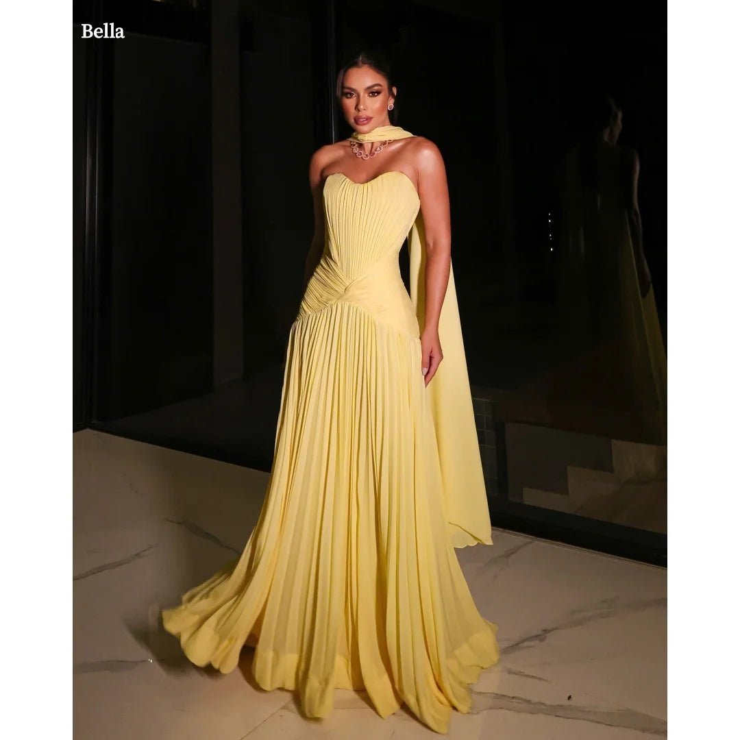 Yellow Strapless Pleated Ruched Bodice Cape Elegant Fitted Flowy Maxi Skirt Party Dresses robes de soirée 2025
