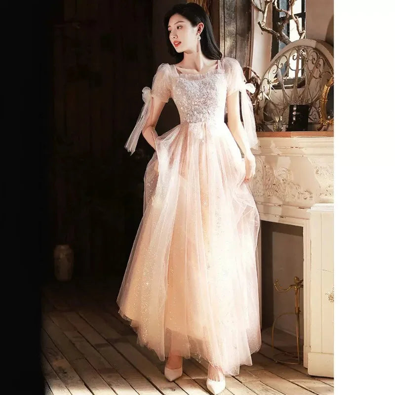 Stunning Mesh Evening Gown with Champagne Color Temperament, One Shoulder Fairy Style Long Banquet Gown, Sheer Dress Looks Slim