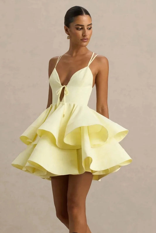 2026 Sexy Backless Mini Women Summer Dresses  A Line Yellow Short Cocktail Party Dress Draped Prom Gown Tiered