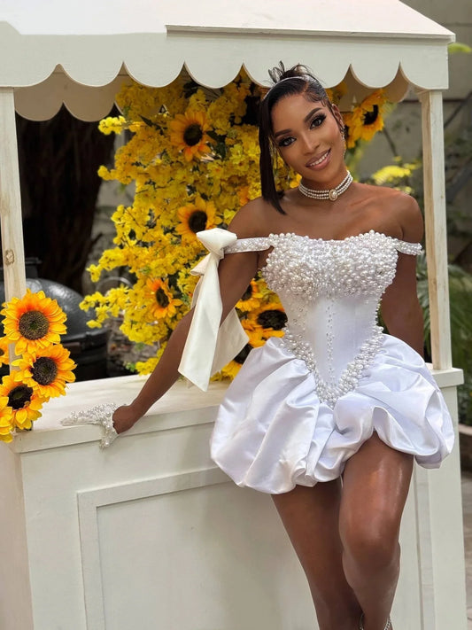 Pearl Fold Cocktail Ball Dress Sexy Off Shoulder Waist Black Girl Formal Wedding Party