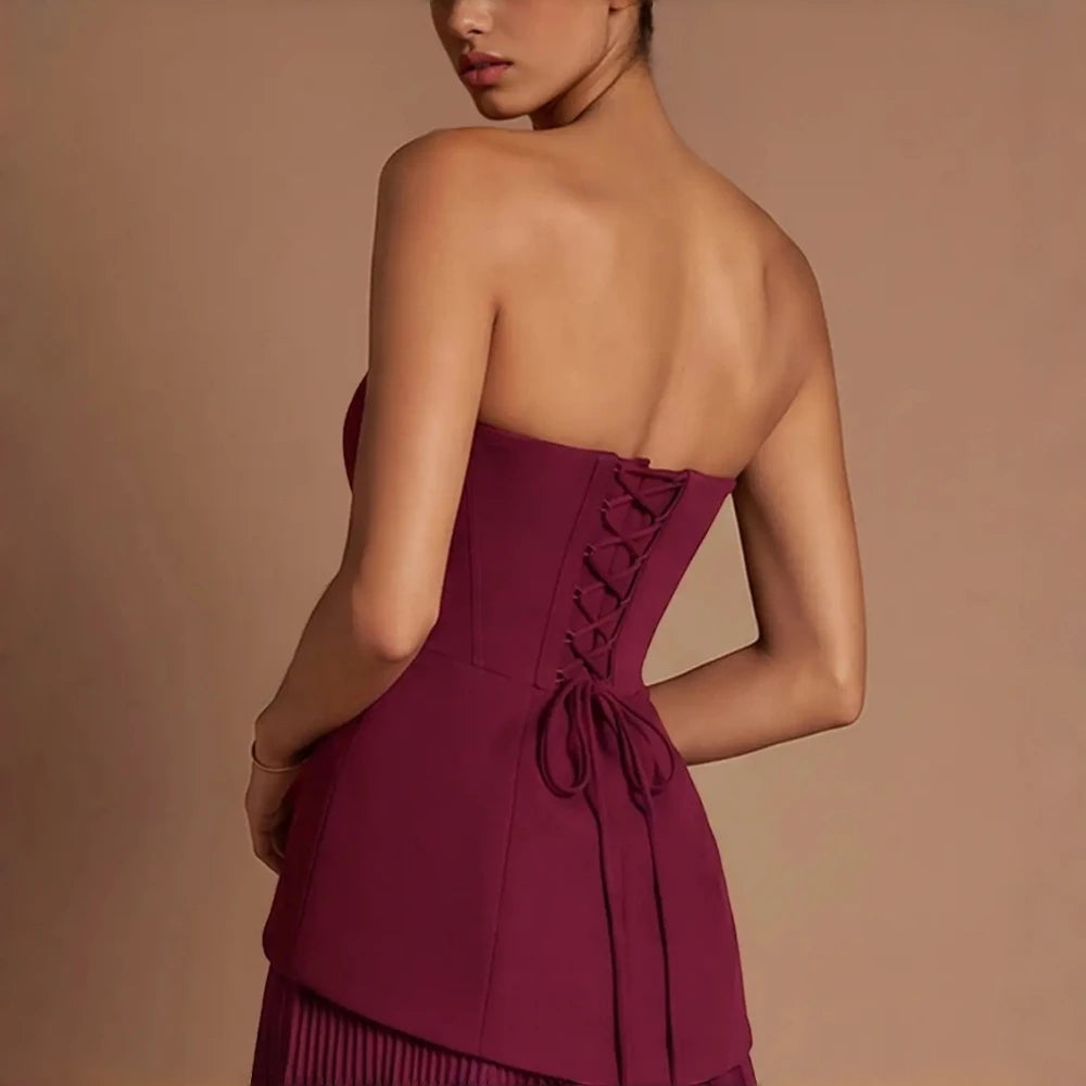 Burgundy Strapless Corset Bridesmaid Maxi Dress Stretch Crepe Bodice Pleated Chiffon Skirt High Side Slit 3D Floral A Line Dress