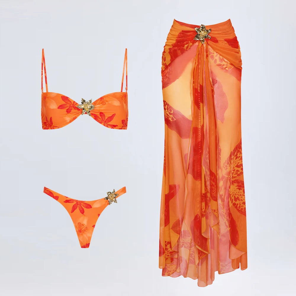 Bikini Sexy Print Women Swimsuit Swimwear Female Mesh Skirt Bikini Set Beachwear Bathing Suit Swimming Suit