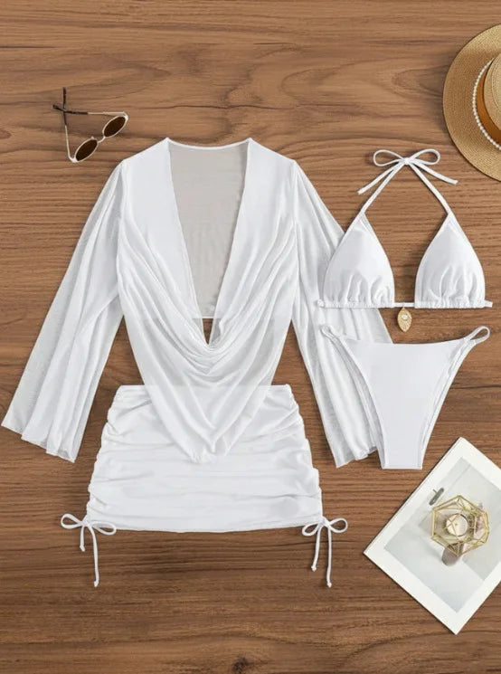 Sexy Solid Color Bikini Set With Sheer Cover-Up, Suitable For Vacation, Beach Party, Perfect For New Year And Valentine's