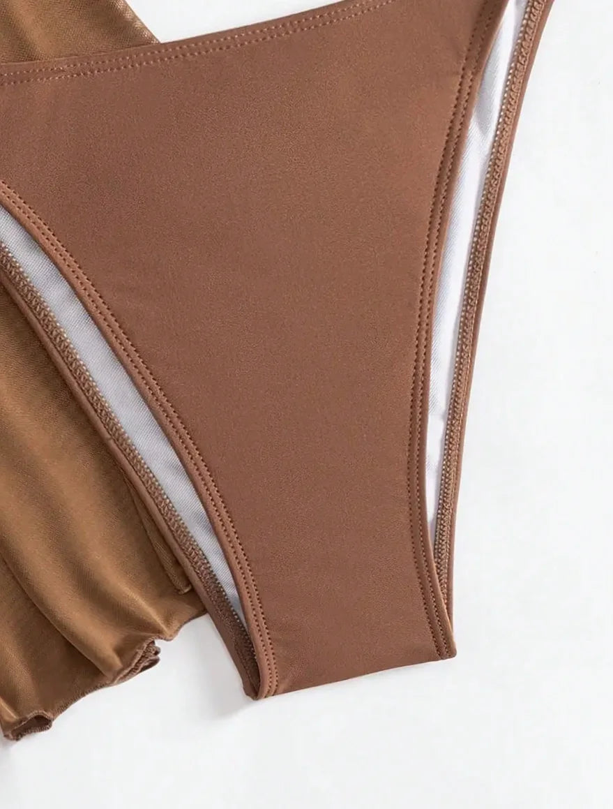 Sexy Solid Color Bikini Set With Sheer Cover-Up, Suitable For Vacation, Beach Party, Perfect For New Year And Valentine's