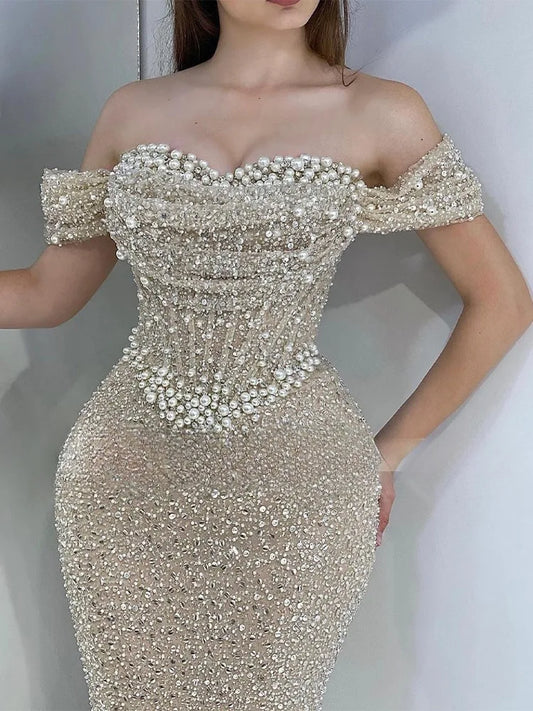 Bead String Off the Shoulder Mermaid robes de soirée Floor-Length Draped Party Evening Dresses  Wedding