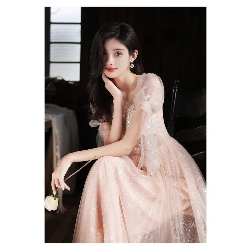 Stunning Mesh Evening Gown with Champagne Color Temperament, One Shoulder Fairy Style Long Banquet Gown, Sheer Dress Looks Slim