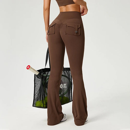 Yoga Pants Pocket Back Flare Leggings Sports Fitness High Waisted Scrunch Leggings Workout Trousers Gym Woman Clothing