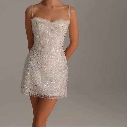 Mini Wedding Dresses Spaghetti Straps Sequined Celebration Dress Cocktail Party Short Prom Gown Customized Summer