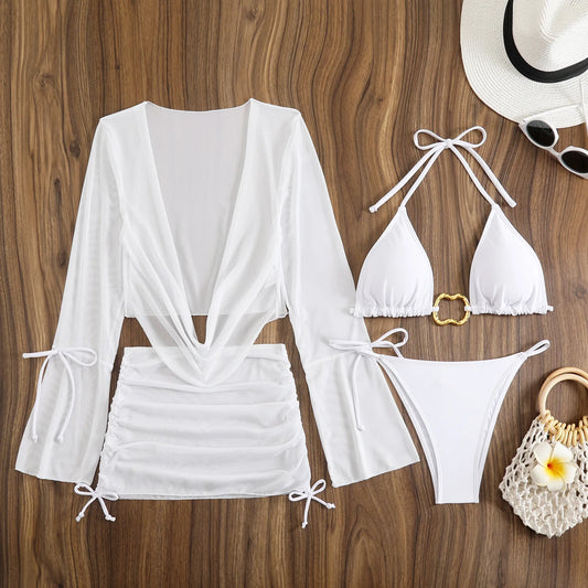 Sexy Bikinis Sets Women Long Sleeve Mesh Cover Up Skirt Swimsuit Beach Bathing Suit Holiday Swimwear Biquini