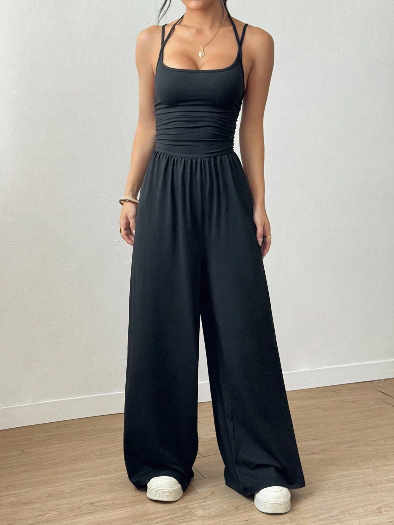 Women's Casual Pleated Loose Straight Leg Jumpsuit, Spring/Summer