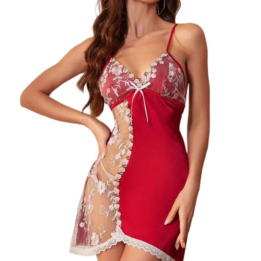 Pajama Dress Embroidered Mesh Transparent Ice Silk Suspender Nightdress Split Sleepwear