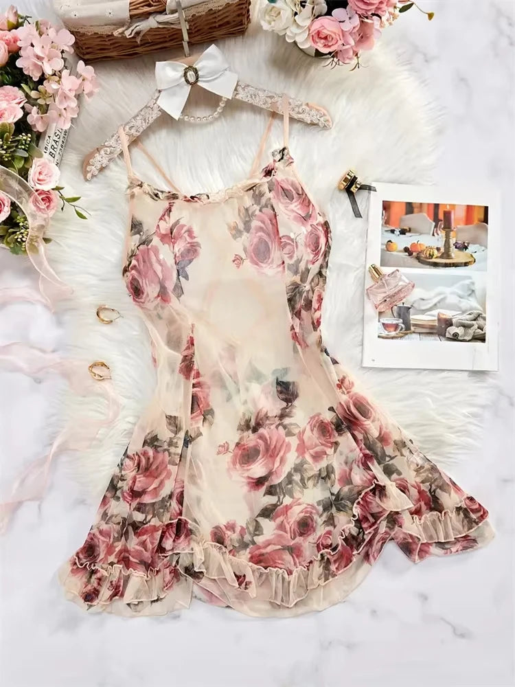 Womens Sexy Floral Babydoll Lingerie Sheer Mesh Criss Cross Back V Neck Nightgown Spaghetti Strap Ruffle Sleep Dress Lace Skirt