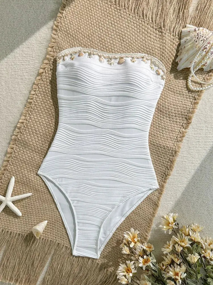 Sexy Swimsuit Solid Color Textured Seashell Starfish Pendant Detachable Strapless Halter Backless Hollow Out