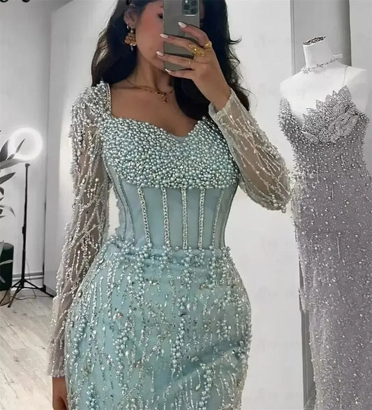 Luxury Mint Green Mermaid Evening Gown Long Sleeve Corset Heavy Beaded Pearls Dubai Prom Dress Formal Party