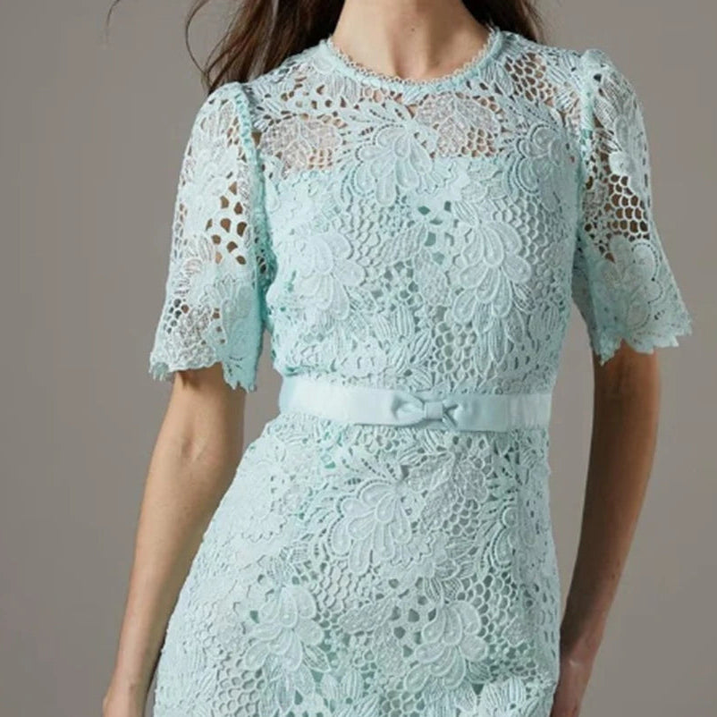 Women's A-line Evening Dresses Tea-length O-neck Short Sleeve Prom Dresses Fashion Sashes Simple Draped Customized