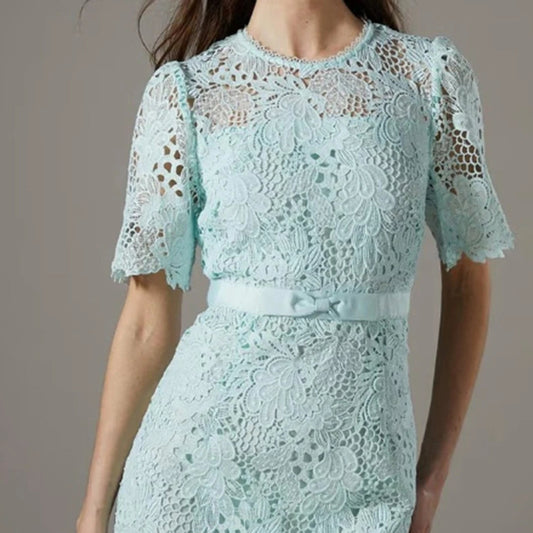 Women's A-line Evening Dresses Tea-length O-neck Short Sleeve Prom Dresses Fashion Sashes Simple Draped Customized
