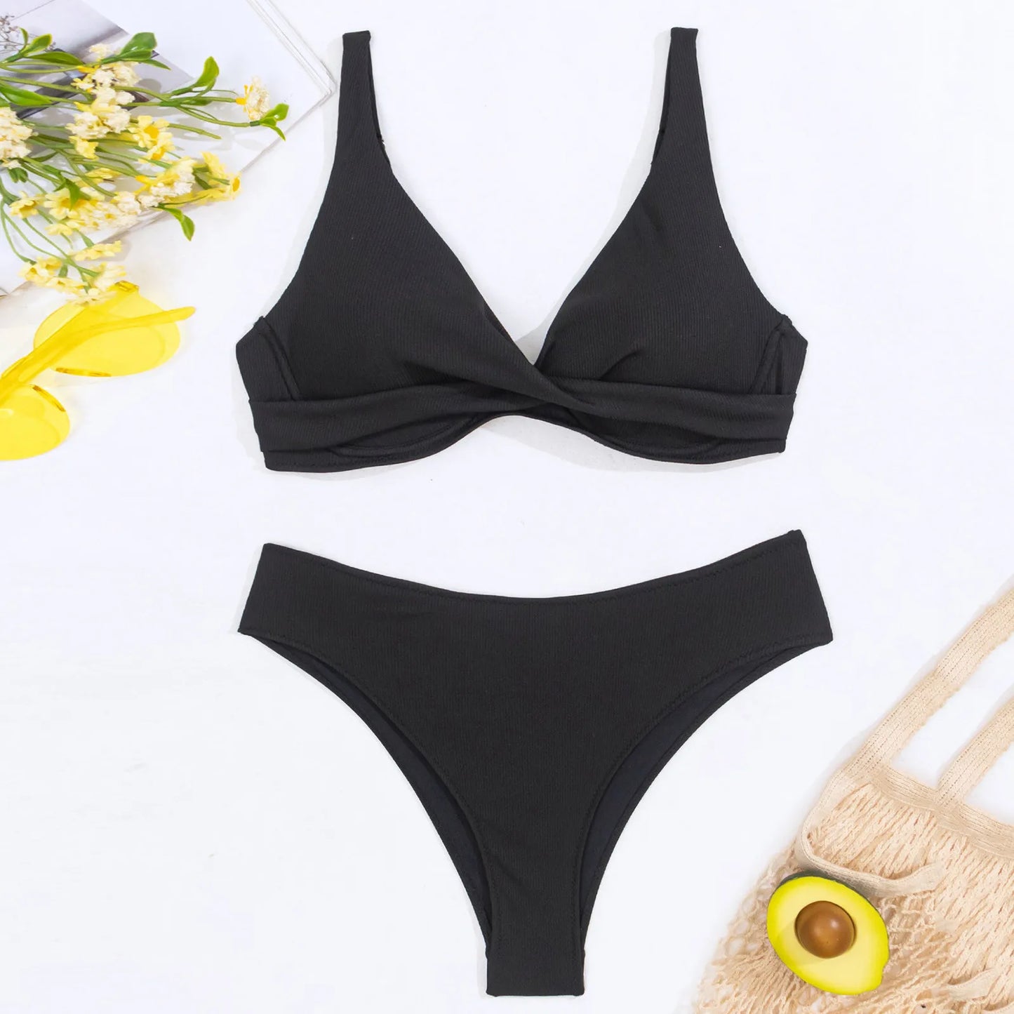 Women Bikini Set Sexy  Striped Swimsuits For Women Solid Color Summer