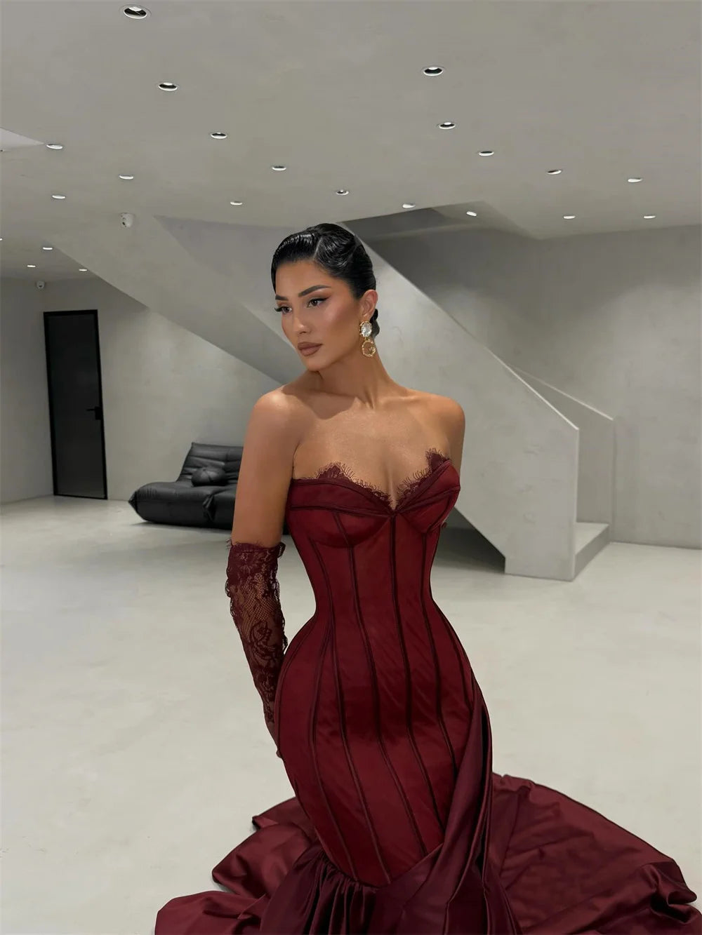 Burgundy Gorgeous Mermaid Asymmetric Prom Dress Lace Sleeves vestidos de noiva Royal Train Evening Dresses 2025