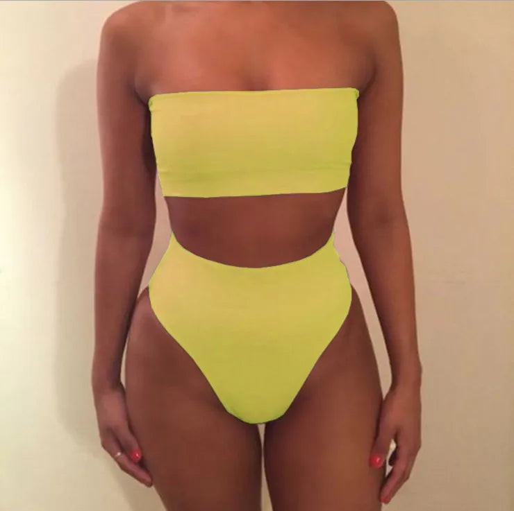 Women Strapless Tube Top Bikini Set High Cut High Swimwear Summer Beach Bathing Suit