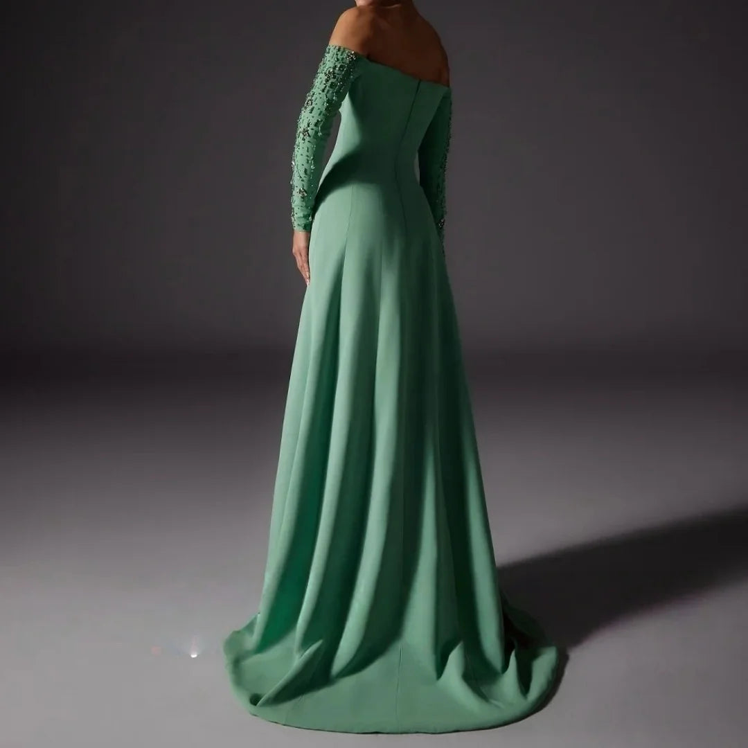 Green Glitter Off The Shoulder Prom Dresses Long Sleeves Strapless vestidos de festa