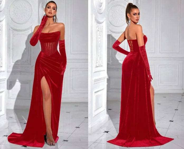 Elegant Korean Velvet Long Dress Sexy Fishbone Sash Strapless Evening Gown High End Adult Women's Fashion Summer 2025