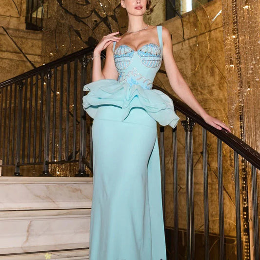 Corset Mermaid Evening Gowns Spaghetti Strap Sweetheart Organza Ruffle Floor-Length Prom Gown Abito Da Sera