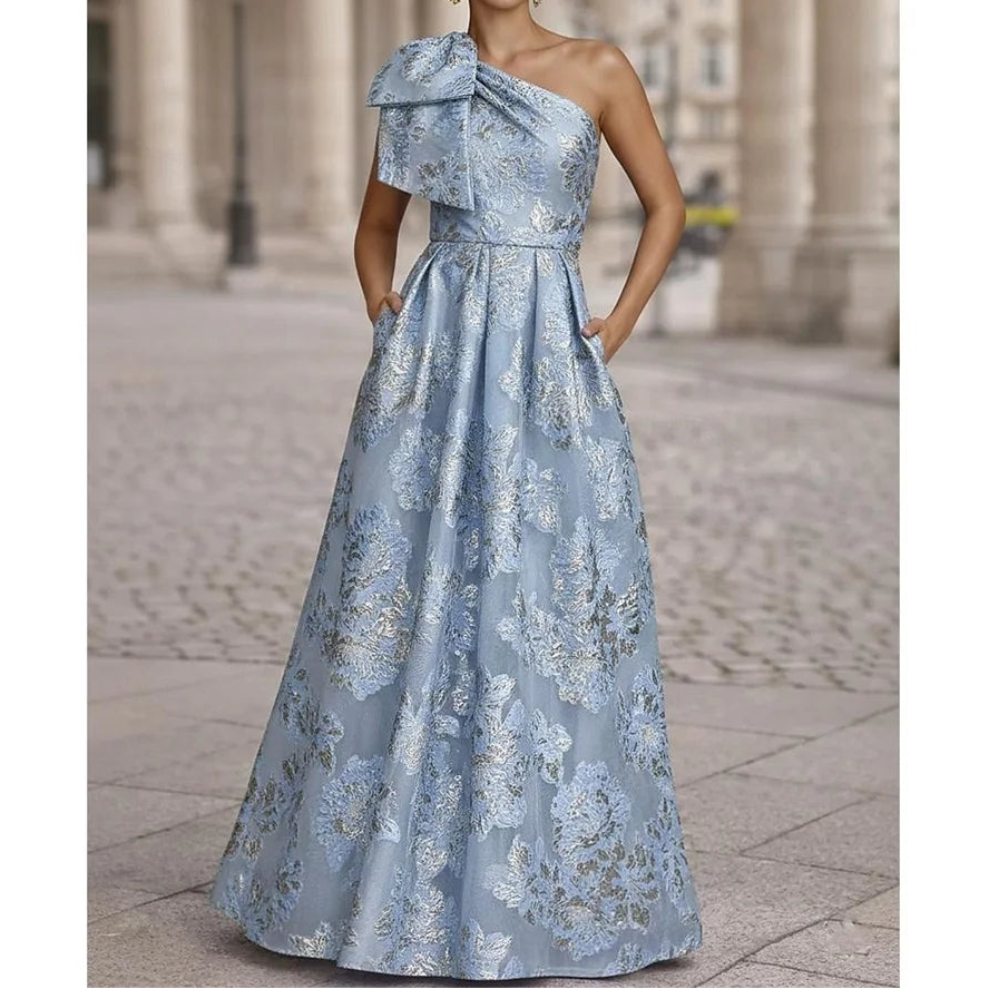 Blue A-line Single Shoulder Off-shoulder Women's Elegant Wedding Party Dress 2026