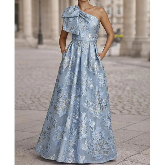 Blue A-line Single Shoulder Off-shoulder Women's Elegant Wedding Party Dress 2026