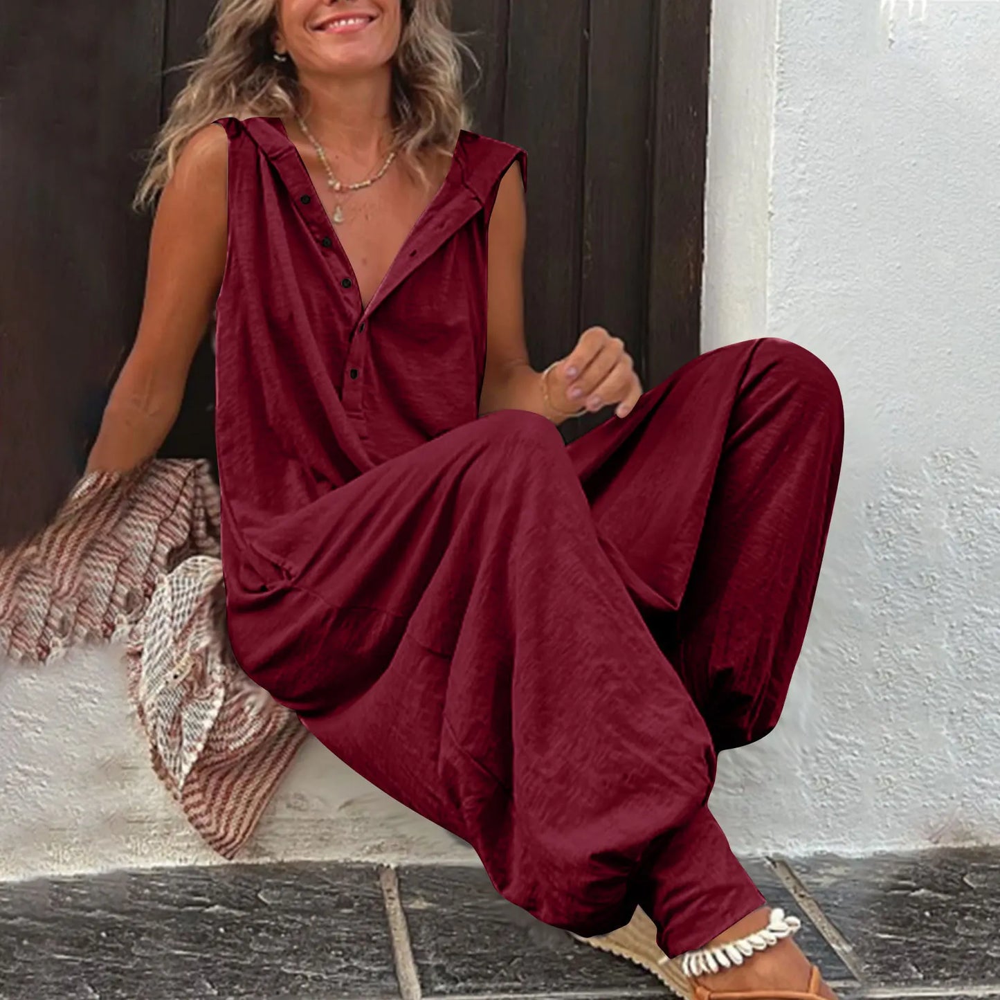 Hot Sale Women Solid Hooded Jumpsuit Button Sleeveless Loose Baggy Long Pants Romper