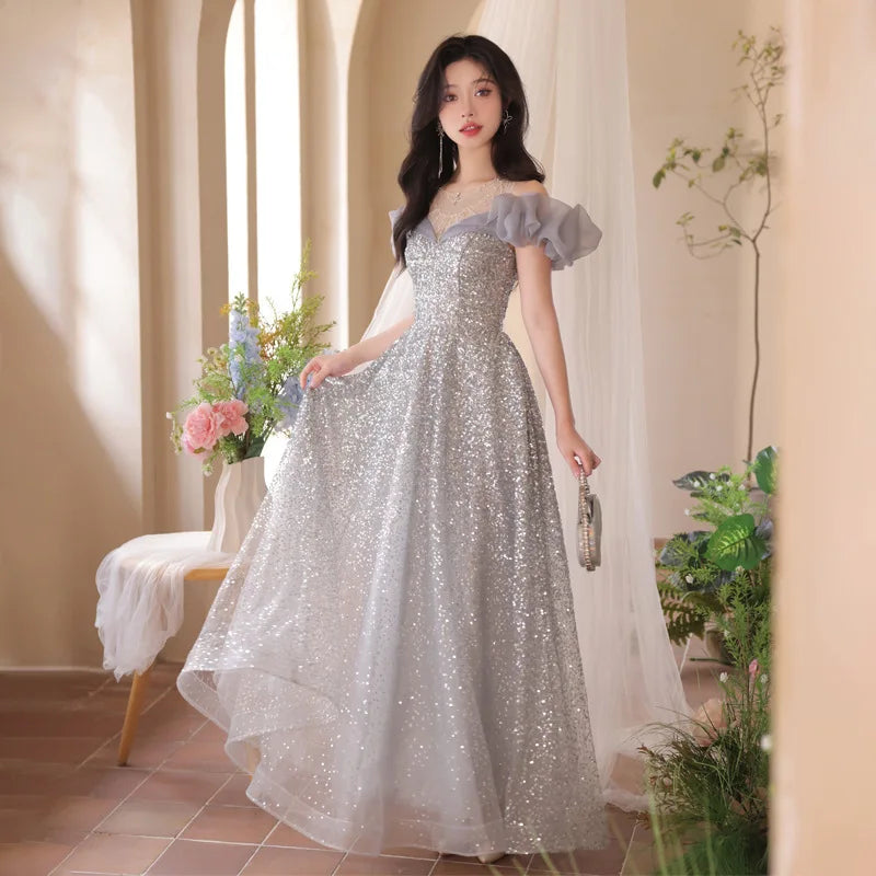 2026 Spring/Summer New Women's Sexy Glitter One Shoulder Banquet Evening Dress Fashionable Look Thin Long Back Strap Dress