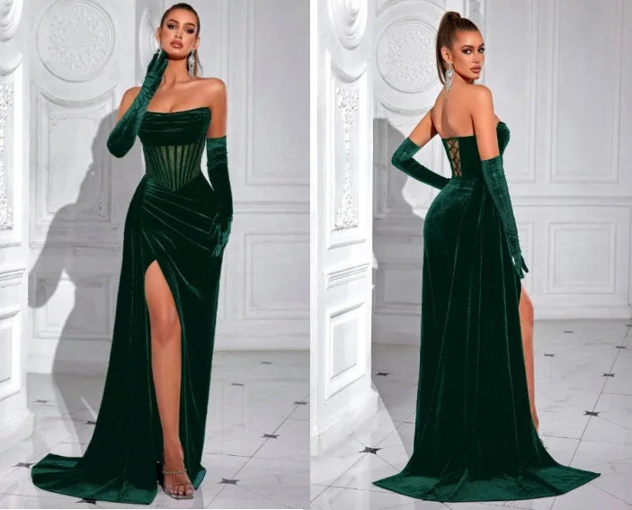 Elegant Korean Velvet Long Dress Sexy Fishbone Sash Strapless Evening Gown High End Adult Women's Fashion Summer 2025